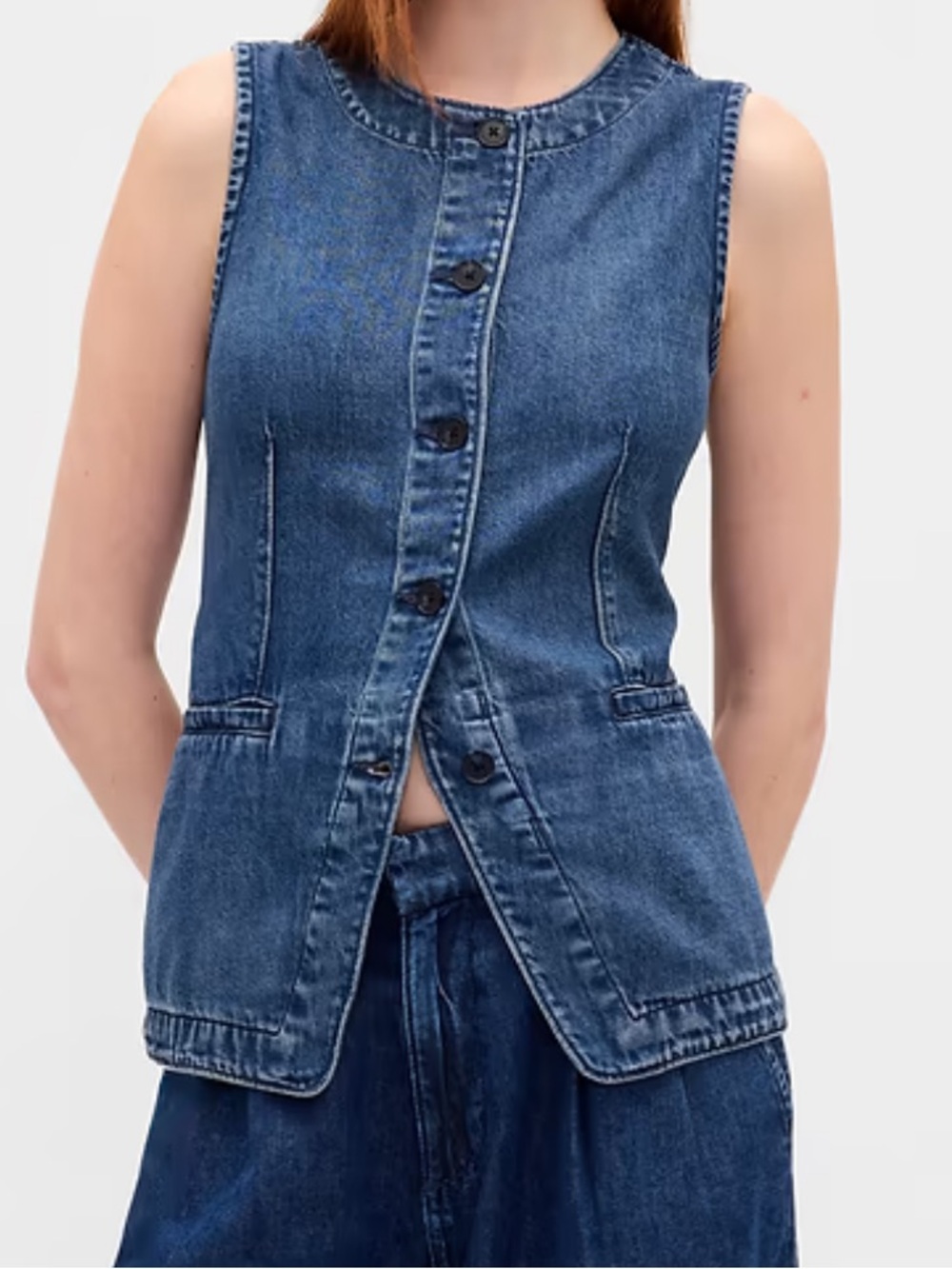 GAP Sleeveless Denim Button-Front Vest - Blue